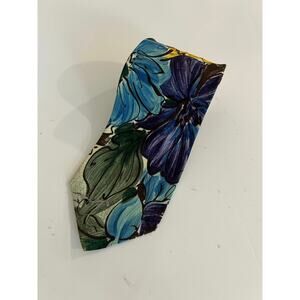 Vintage Retro Designs Studio Silk Neck Tie Floral Watercolor Blue Yellow JL